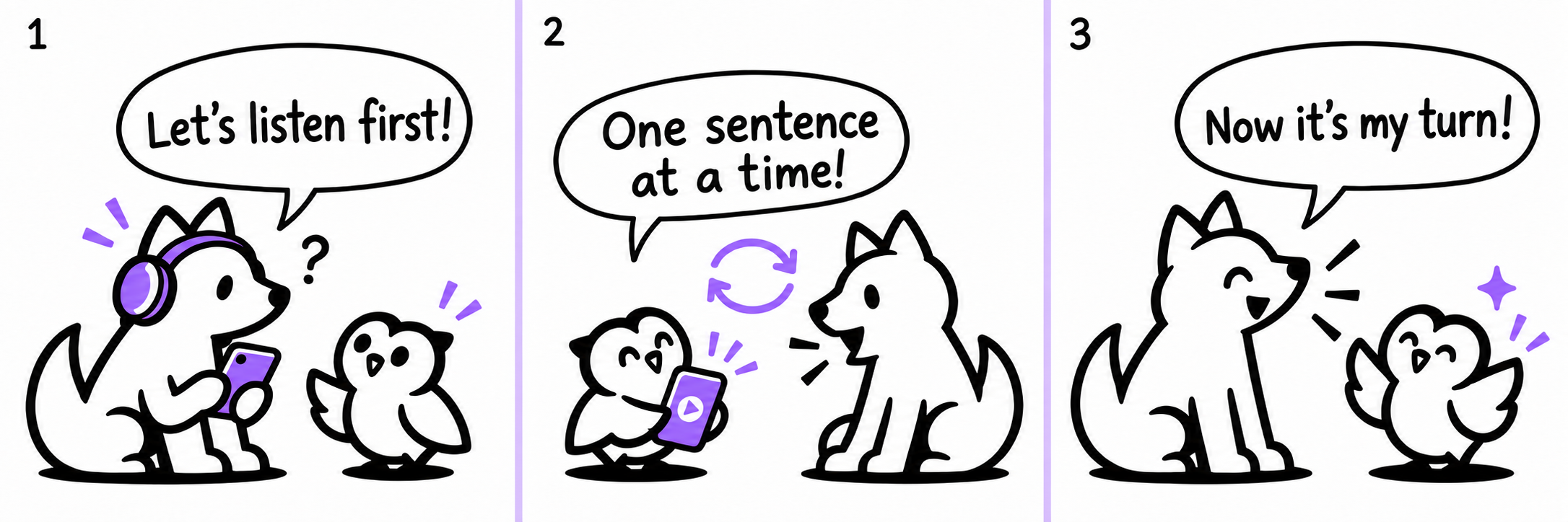 1. Let’s listen first! Aoo listens through purple headphones, with Shadow by his side.
